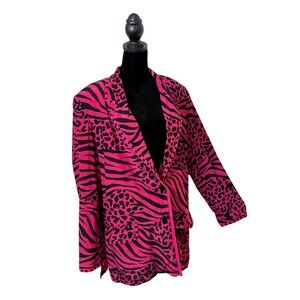 Vintage Pink Animal Print Silk Blazer Jacket Size L Rockstar Maximalist Mob Wife